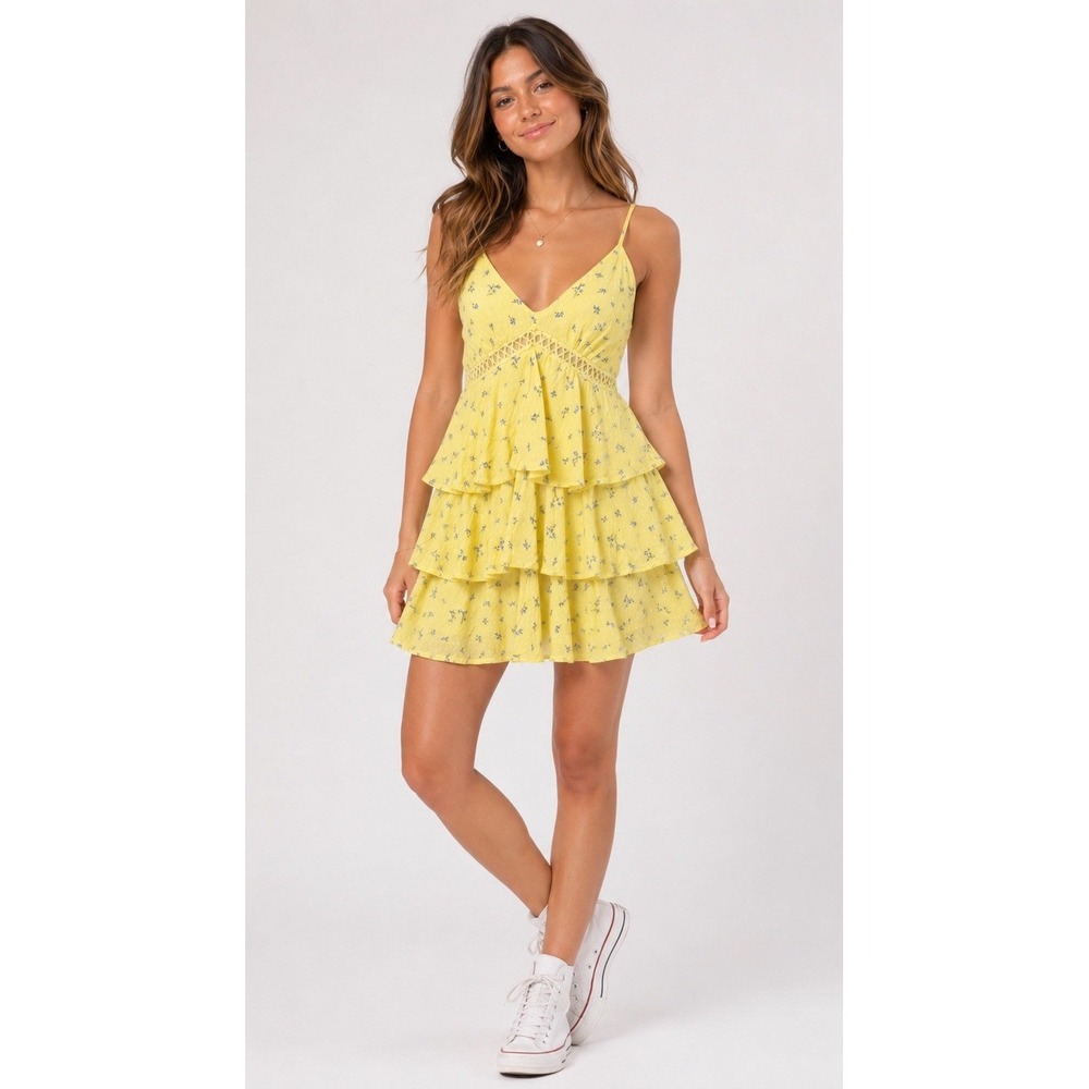 Forever 21 Floral Tiered Mini Dress Women Small Yellow Crochet Babydoll Boho